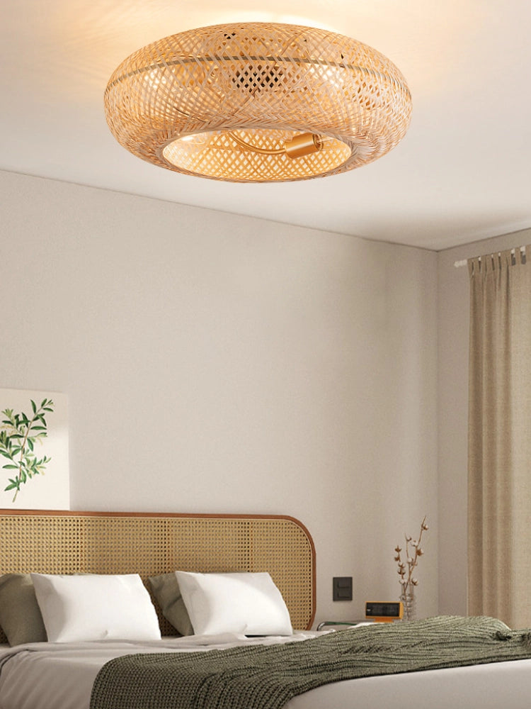 Ventilateur de plafond avec éclairage | plafonnier en bambou tressé pour salon et chambre