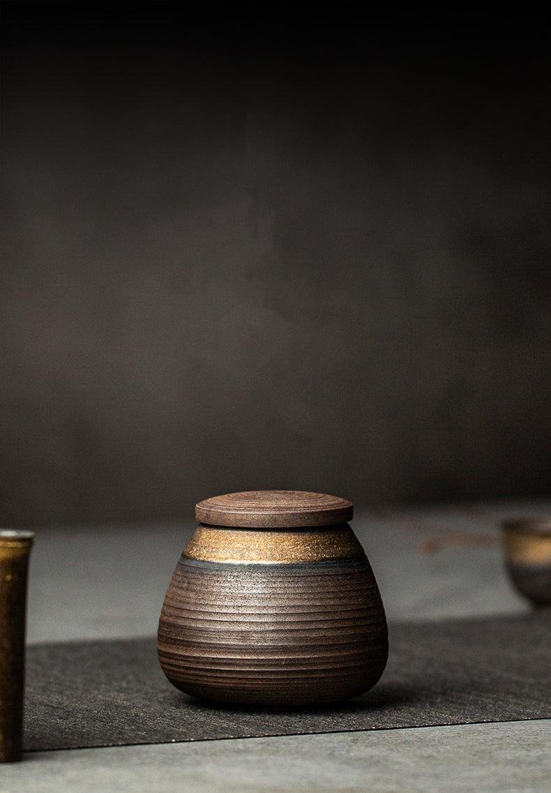 Japanese Pottery Handmade Wabi-Sabi Sealed Storage Jar Angle