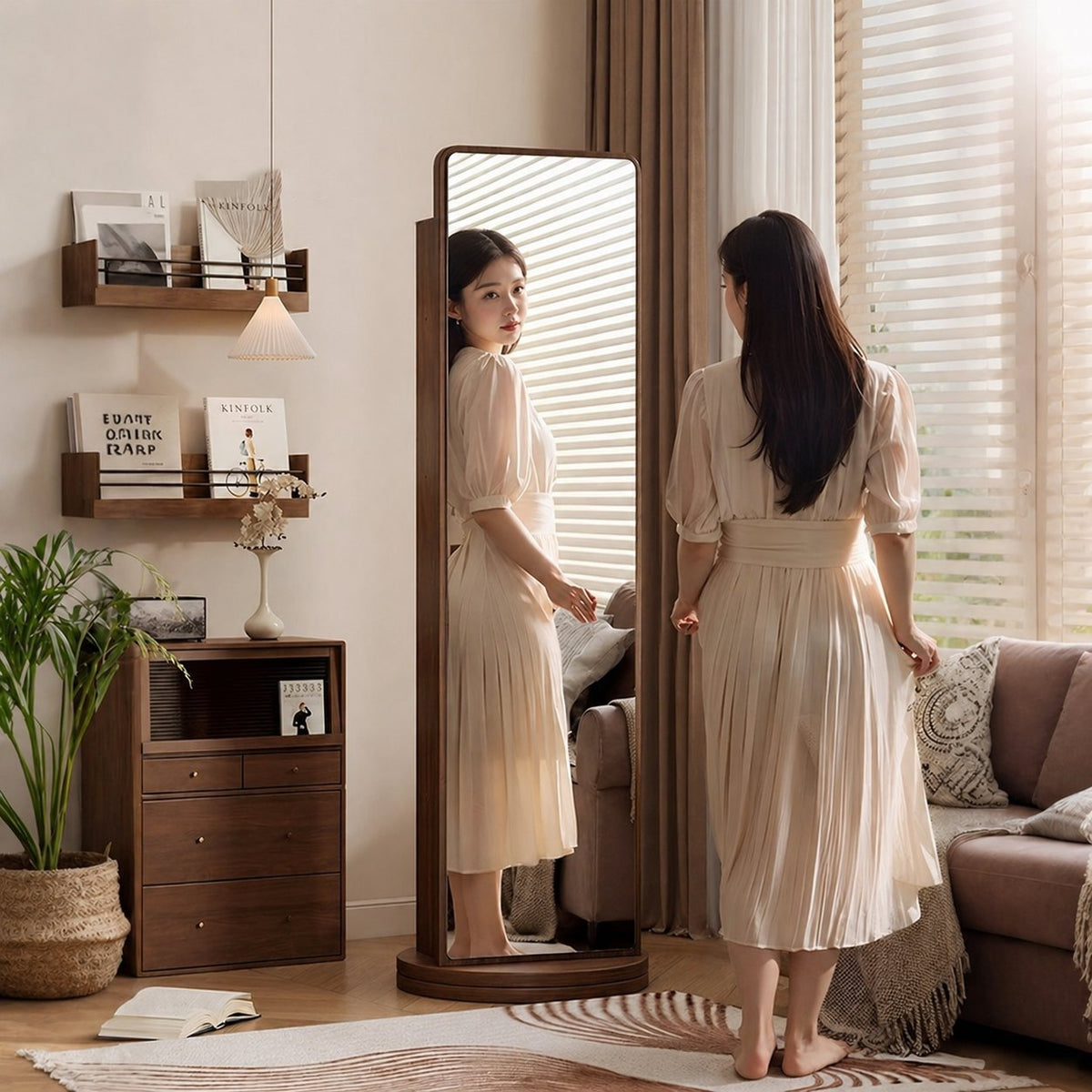 Vintage Solid Wood Rotatable Full Length Mirror Storage Shelf View 16