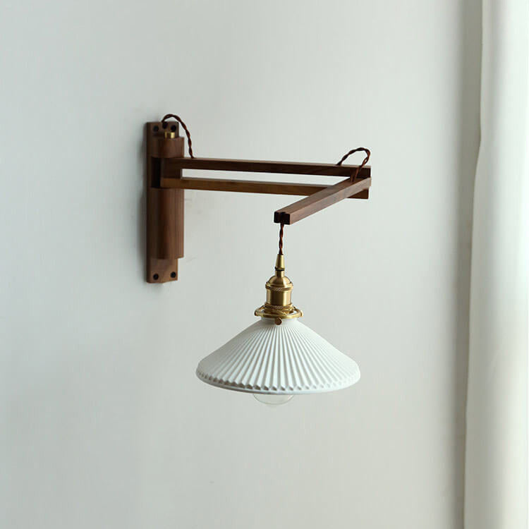 Nordic Striped Glass Walnut Retractable Wall Sconce Lamp