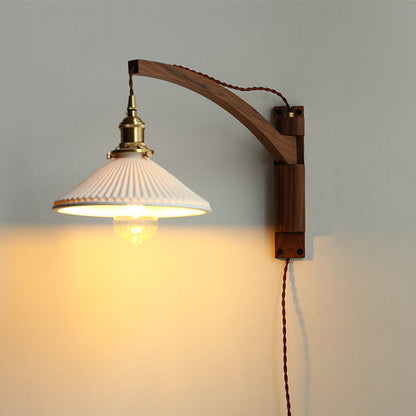 Nordic Striped Glass Walnut Retractable Wall Sconce Lamp