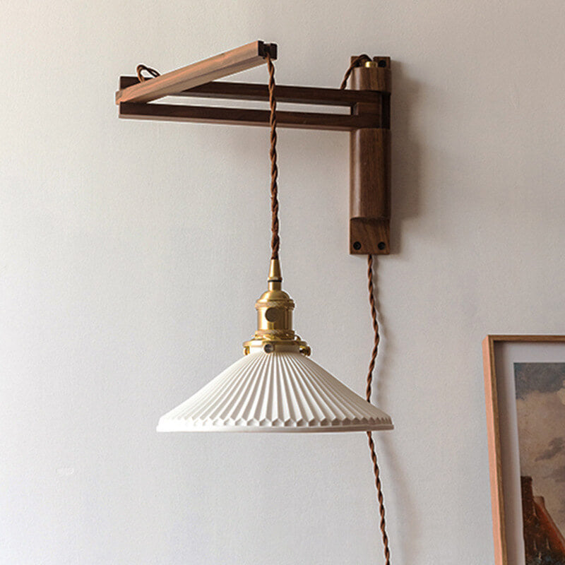 Nordic Striped Glass Walnut Retractable Wall Sconce Lamp