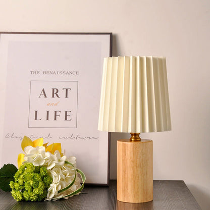 Vintage Korean Pleated Wood Base Table Lamp