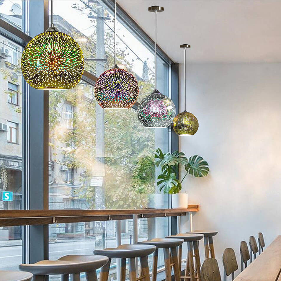 Modern Spherical Pendant Light | 3D Fireworks Glass Shade