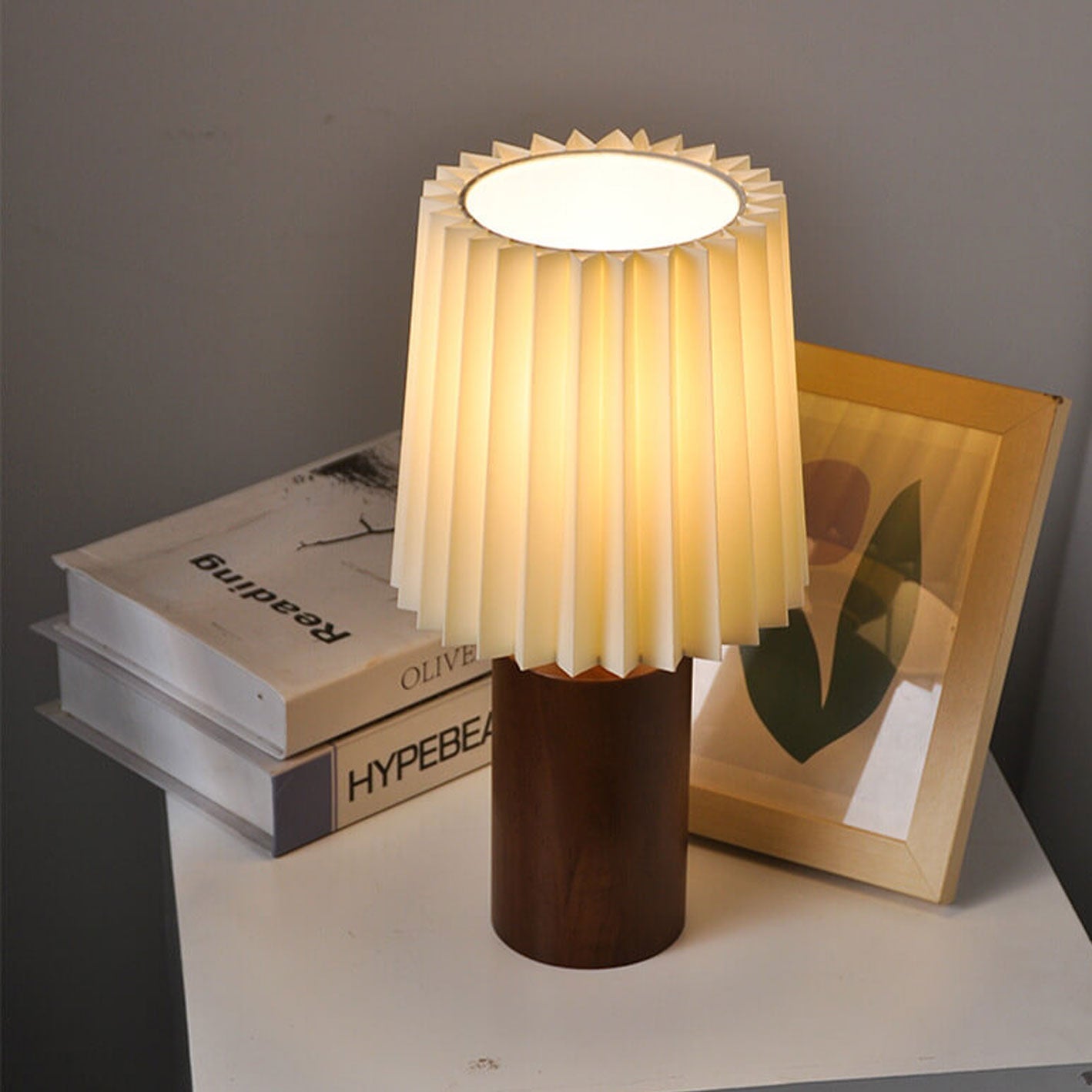 Vintage Korean Pleated Wood Base Table Lamp