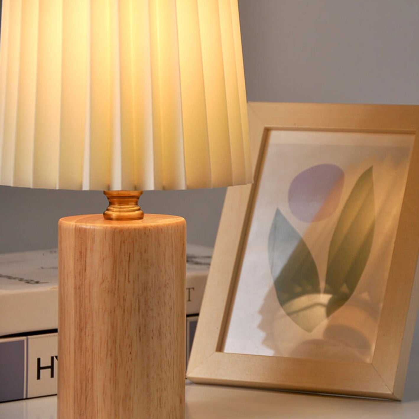 Vintage Korean Pleated Wood Base Table Lamp