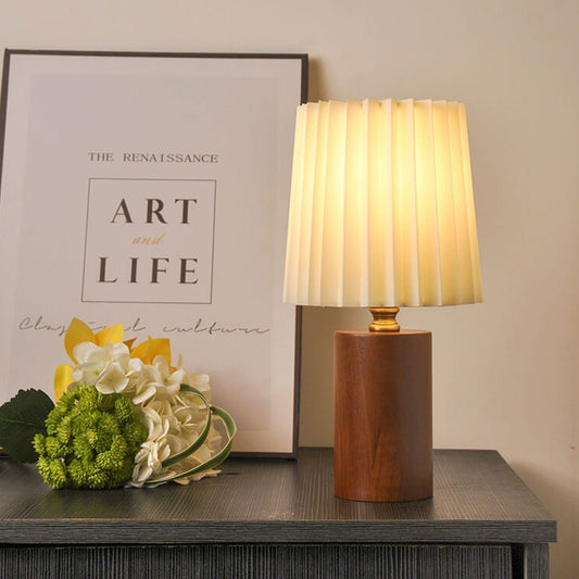 Vintage Korean Pleated Wood Base Table Lamp
