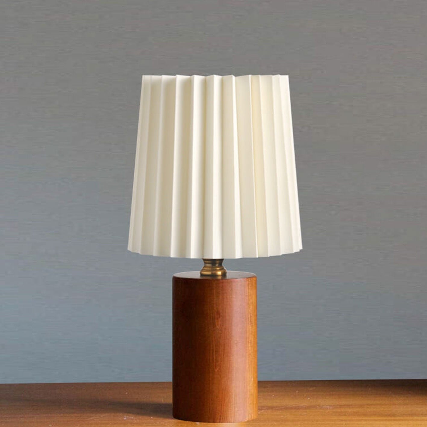 Vintage Korean Pleated Wood Base Table Lamp