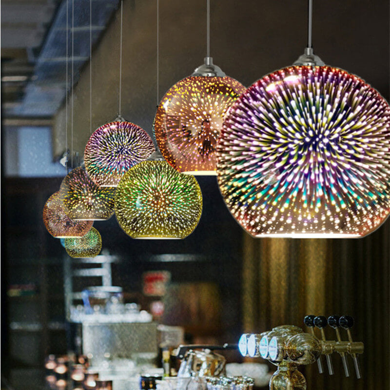 Modern Spherical Pendant Light | 3D Fireworks Glass Shade