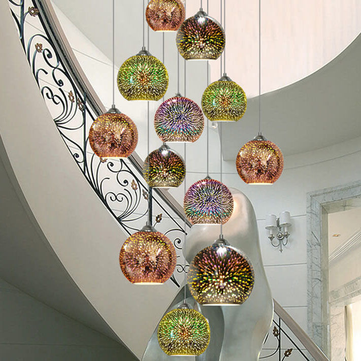 Modern Spherical Pendant Light | 3D Fireworks Glass Shade