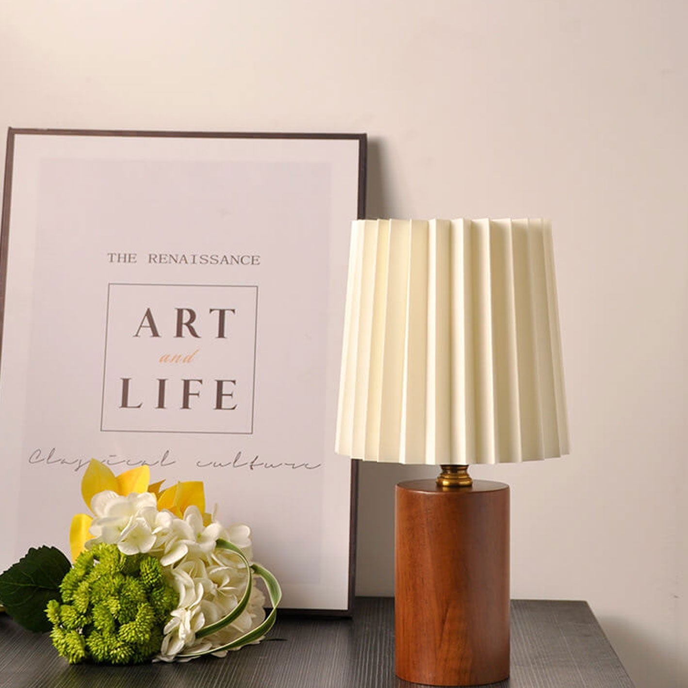 Vintage Korean Pleated Wood Base Table Lamp