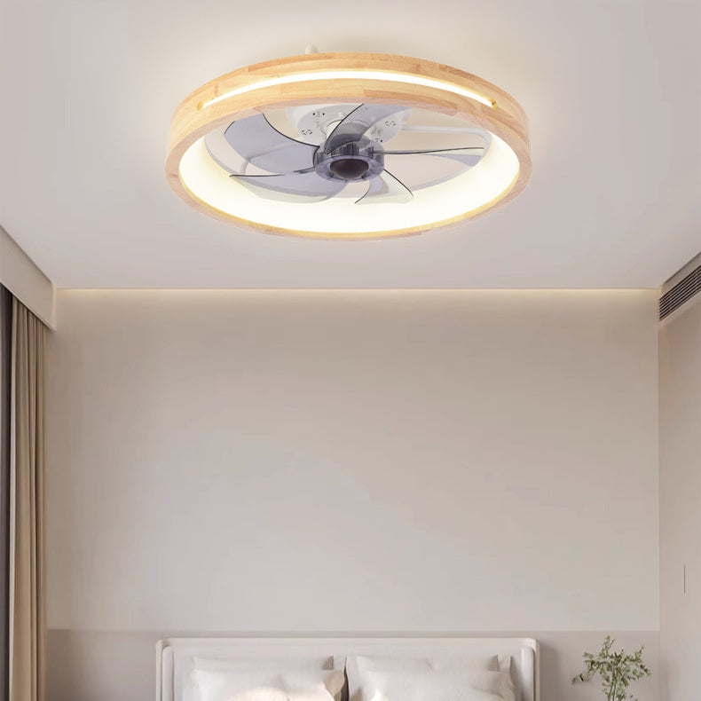 Japanese Solid Wood Round LED Flush Mount Ceiling Fan Light