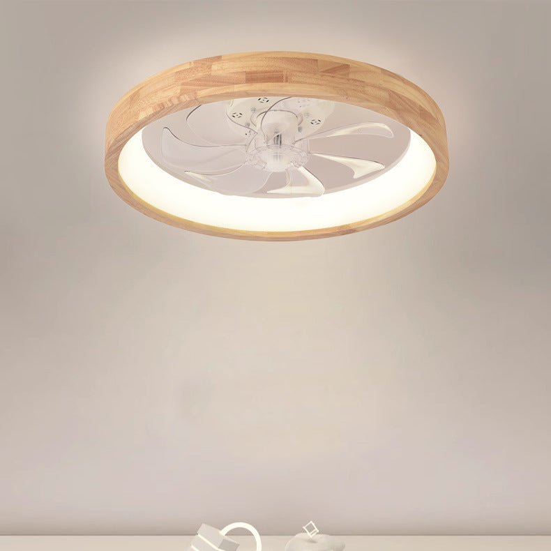 Japanese Solid Wood Round LED Flush Mount Ceiling Fan Light