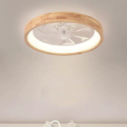 Japanese Solid Wood Round LED Flush Mount Ceiling Fan Light