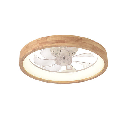 Japanese Solid Wood Round LED Flush Mount Ceiling Fan Light