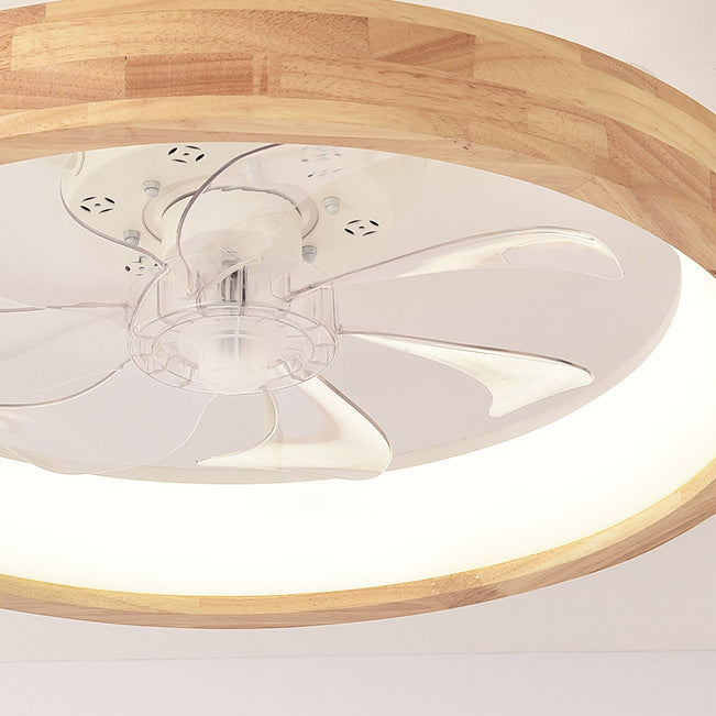 Japanese Solid Wood Round LED Flush Mount Ceiling Fan Light