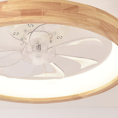 Japanese Solid Wood Round LED Flush Mount Ceiling Fan Light