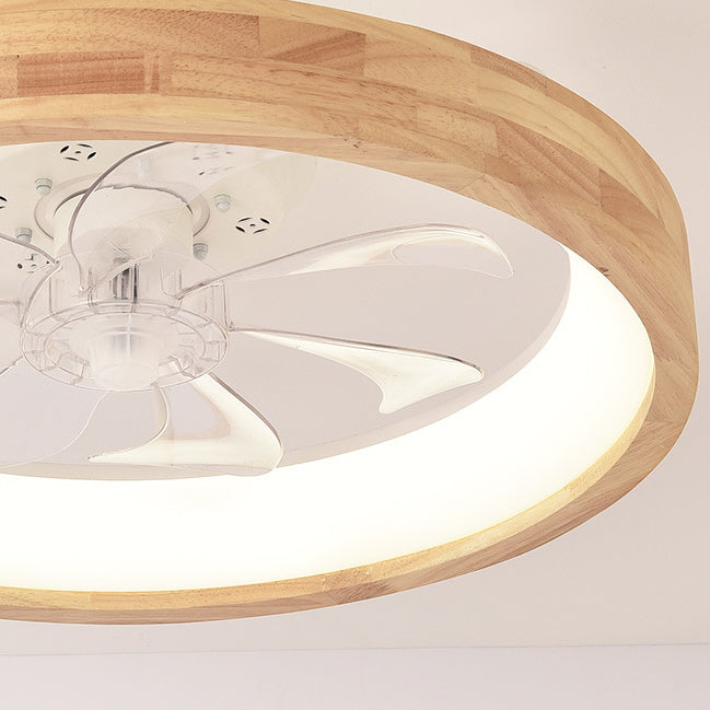 Japanese Solid Wood Round LED Flush Mount Ceiling Fan Light