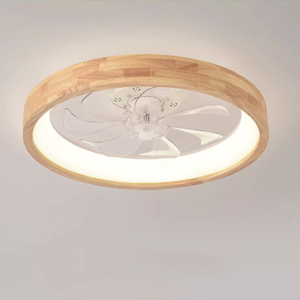 Japanese Solid Wood Round LED Flush Mount Ceiling Fan Light