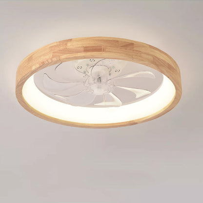 Japanese Solid Wood Round LED Flush Mount Ceiling Fan Light