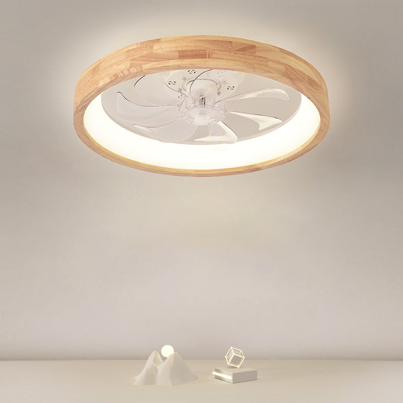 Japanese Solid Wood Round LED Flush Mount Ceiling Fan Light