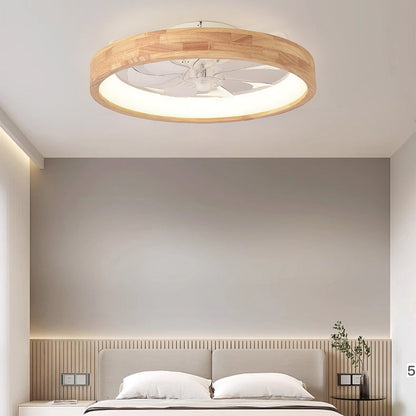 Japanese Solid Wood Round LED Flush Mount Ceiling Fan Light