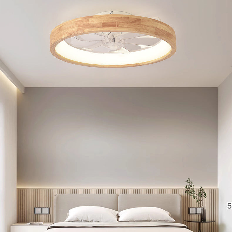 Japanese Solid Wood Round LED Flush Mount Ceiling Fan Light