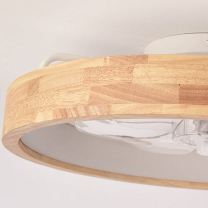 Japanese Solid Wood Round LED Flush Mount Ceiling Fan Light