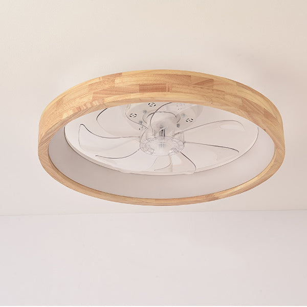 Japanese Solid Wood Round LED Flush Mount Ceiling Fan Light