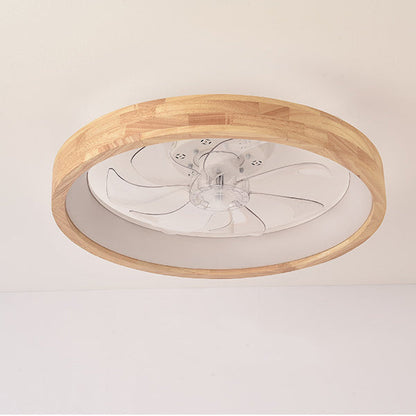 Japanese Solid Wood Round LED Flush Mount Ceiling Fan Light