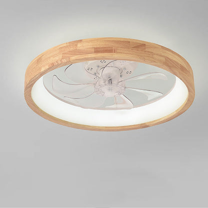 Japanese Solid Wood Round LED Flush Mount Ceiling Fan Light