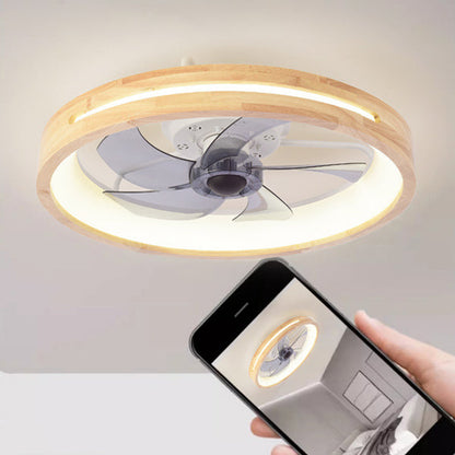 Japanese Solid Wood Round LED Flush Mount Ceiling Fan Light