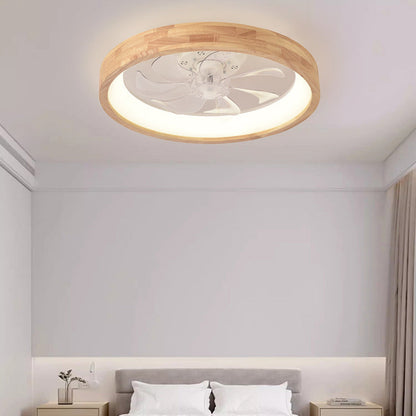Japanese Solid Wood Round LED Flush Mount Ceiling Fan Light