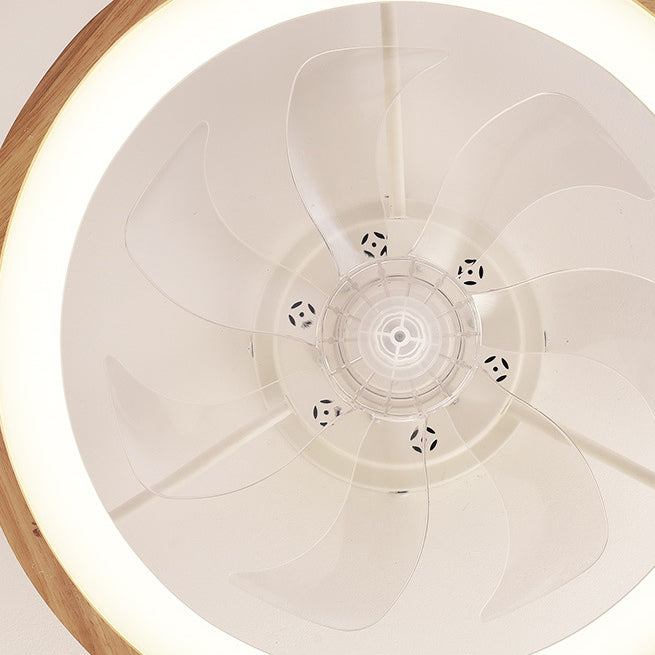 Japanese Solid Wood Round LED Flush Mount Ceiling Fan Light