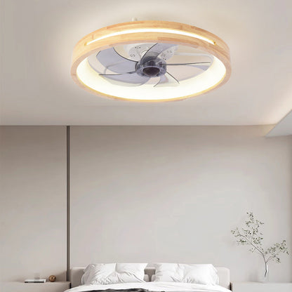 Japanese Solid Wood Round LED Flush Mount Ceiling Fan Light