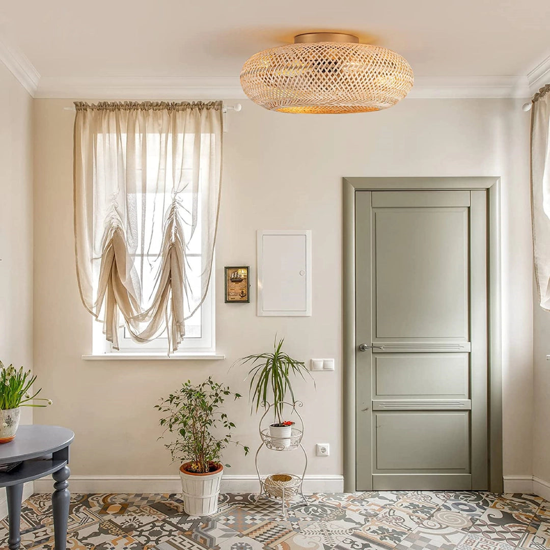 Ceiling Fan With Light | Woven Bamboo Flush Mount For Living Room Bedroom