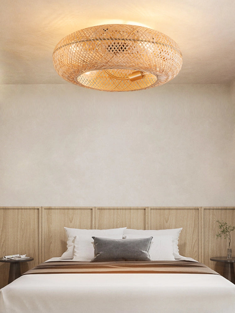 Ceiling Fan With Light | Woven Bamboo Flush Mount For Living Room Bedroom