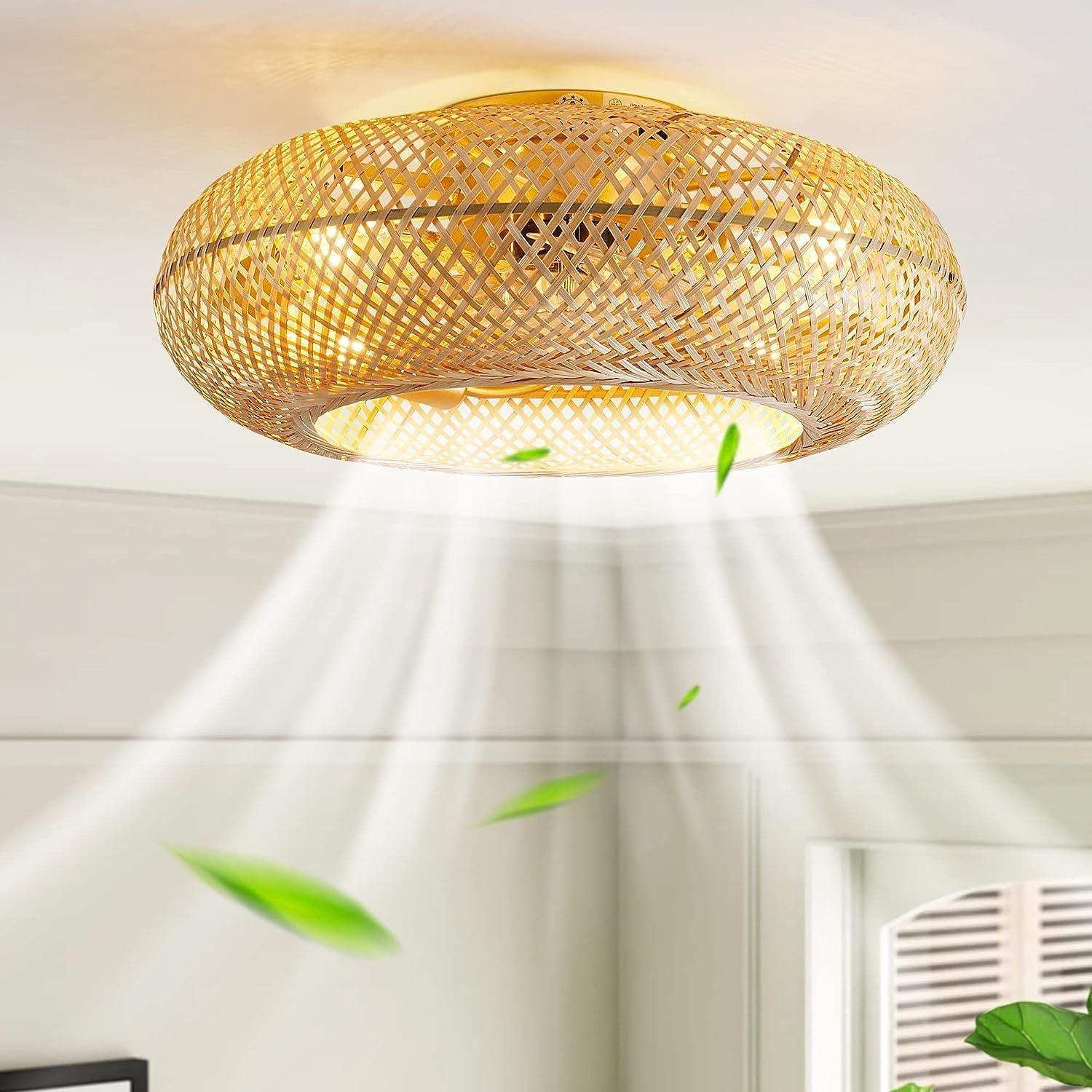 Ceiling Fan With Light | Woven Bamboo Flush Mount For Living Room Bedroom