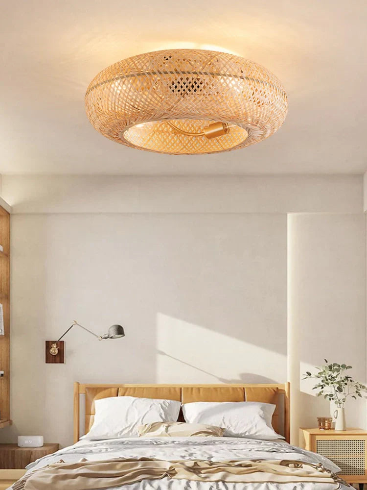 Round Woven Flush Mount Ceiling Light LED Compatible For Living Room & Bedroom