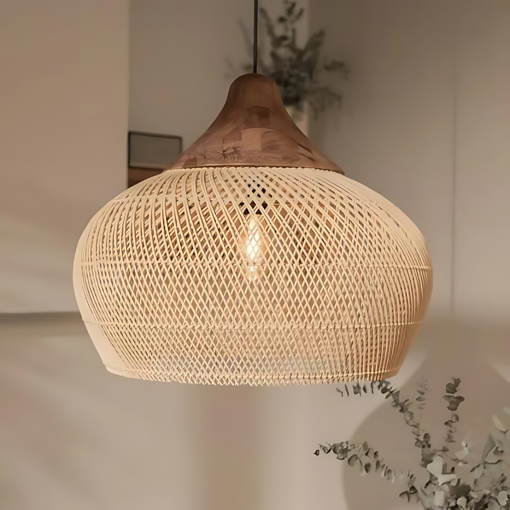 Boho Pendant Ceiling Light | Woven Shade Warm Ambient Lighting for Dining Room & Living Room