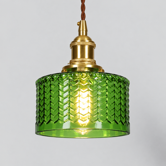 Lampe suspendue cylindrique en verre et laiton japonais