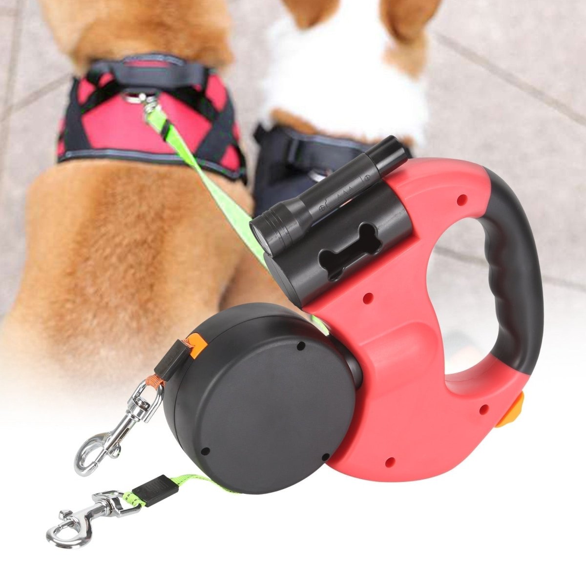 Double Retractable Dog Lead With LED Torch | Two Dogs Tangle Free 3m Each