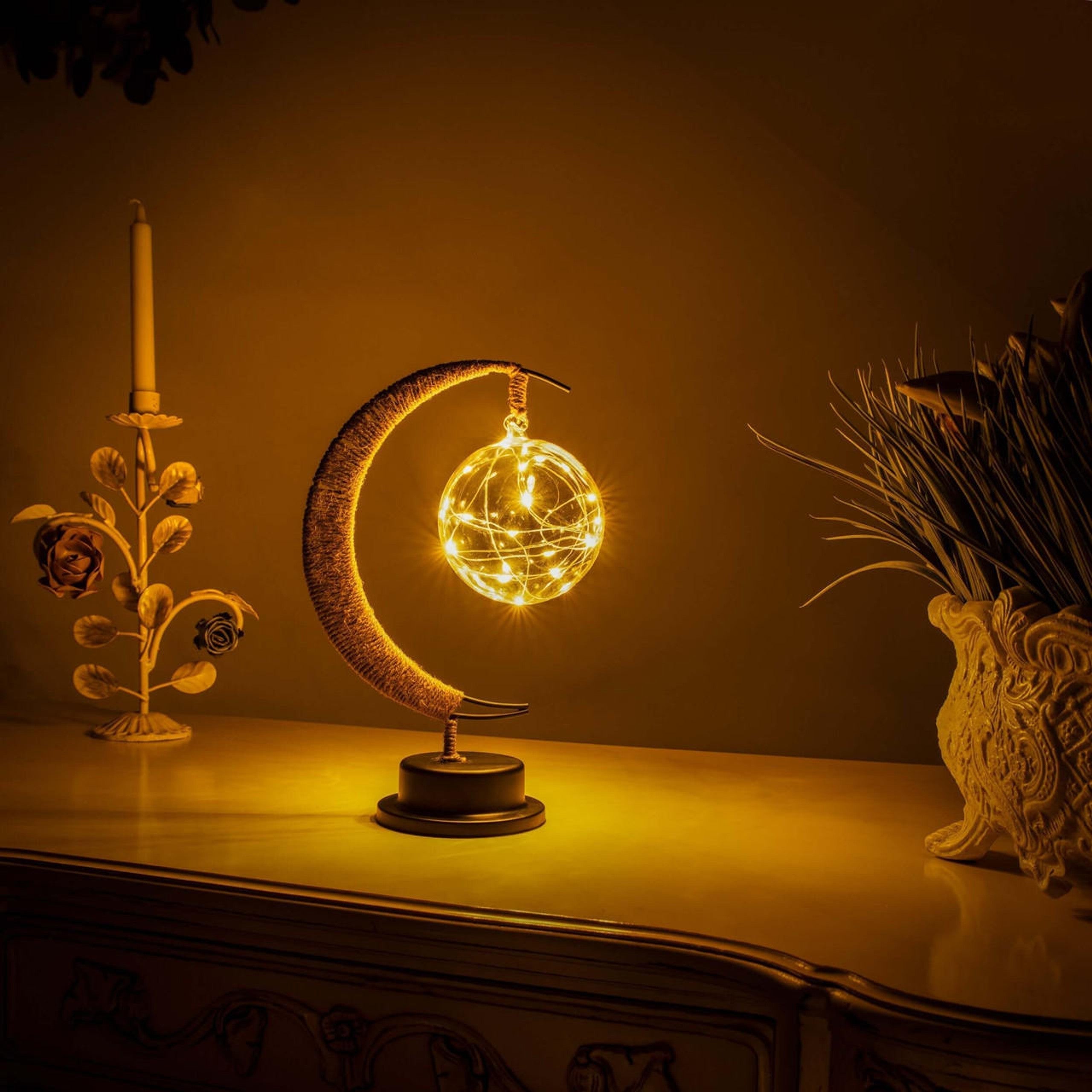 Crescent Moon LED Table Lamp With Hanging Globe