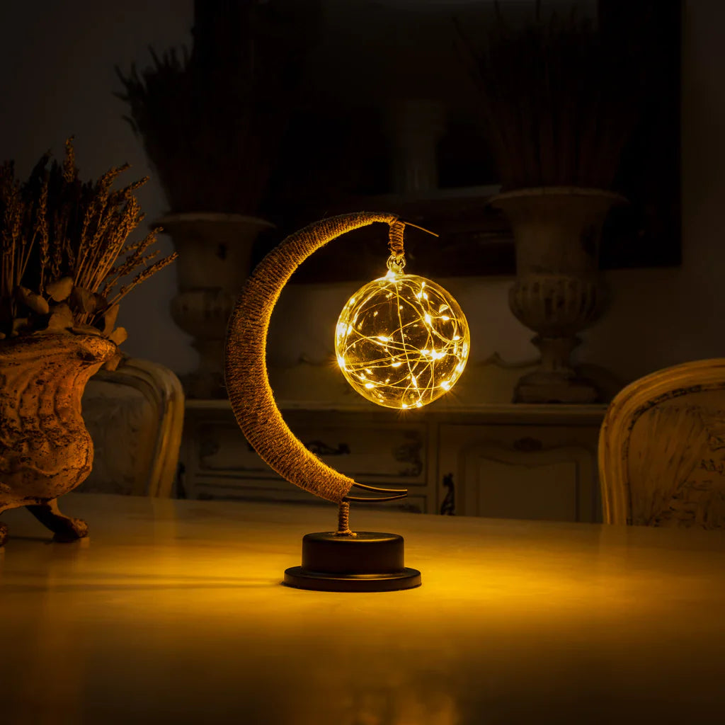 Crescent Moon LED Table Lamp With Hanging Globe