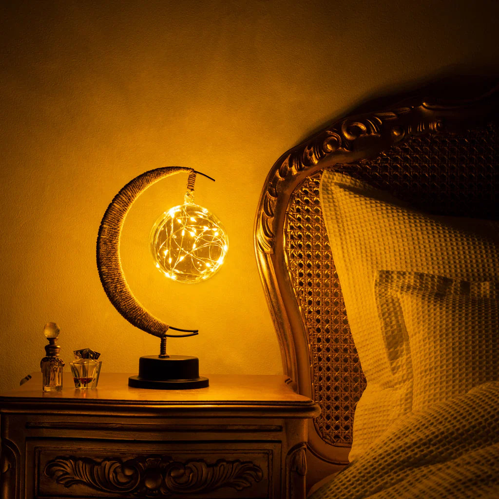 Crescent Moon LED Table Lamp With Hanging Globe