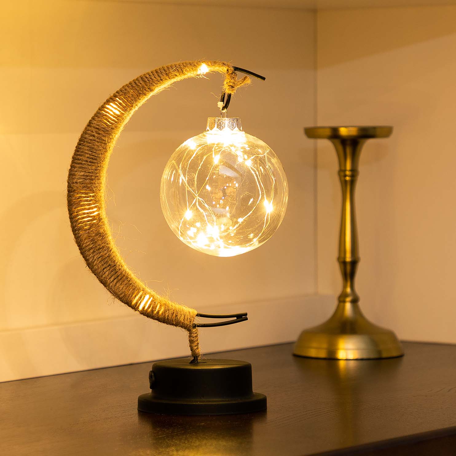 Crescent Moon LED Table Lamp With Hanging Globe