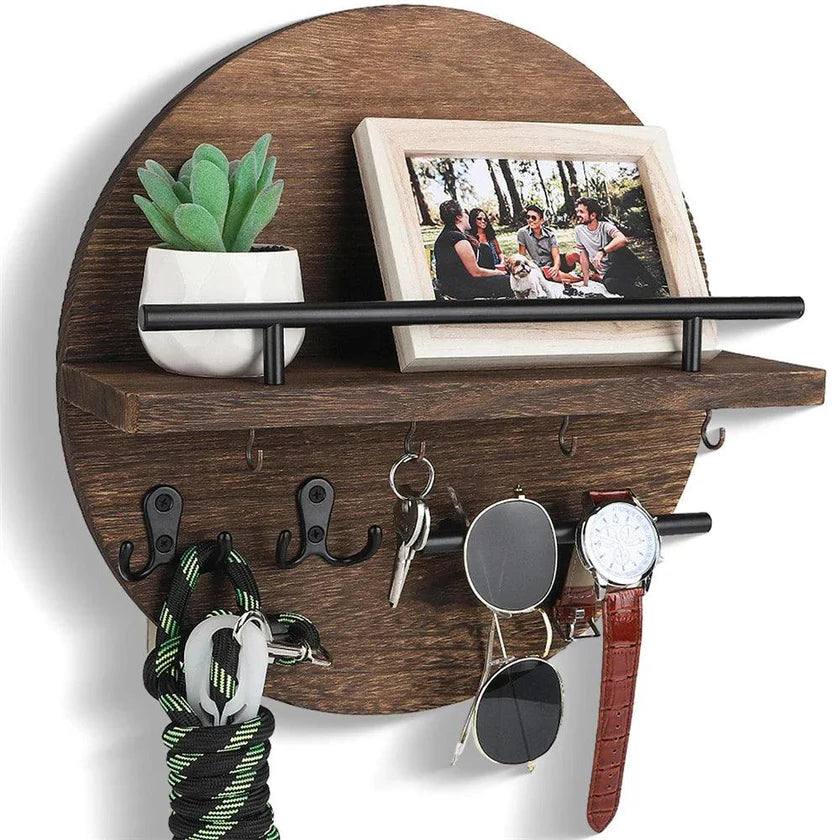 Wall Key Holder | Round Shelf With Hooks