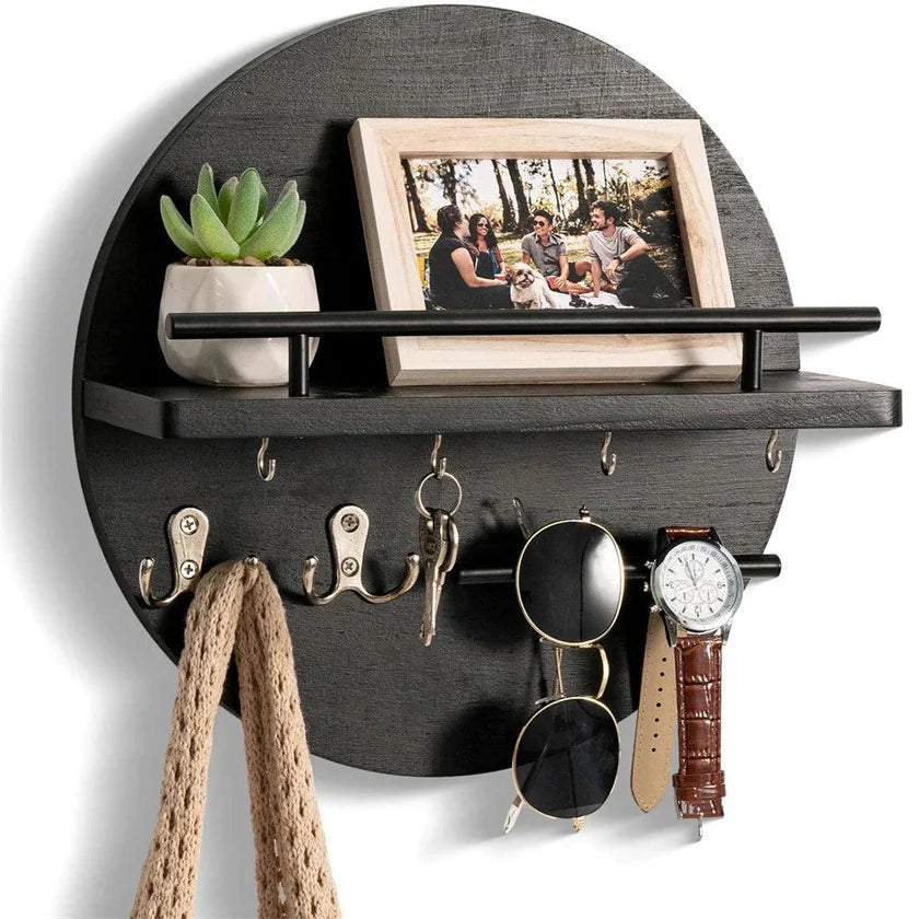 Wall Key Holder | Round Shelf With Hooks
