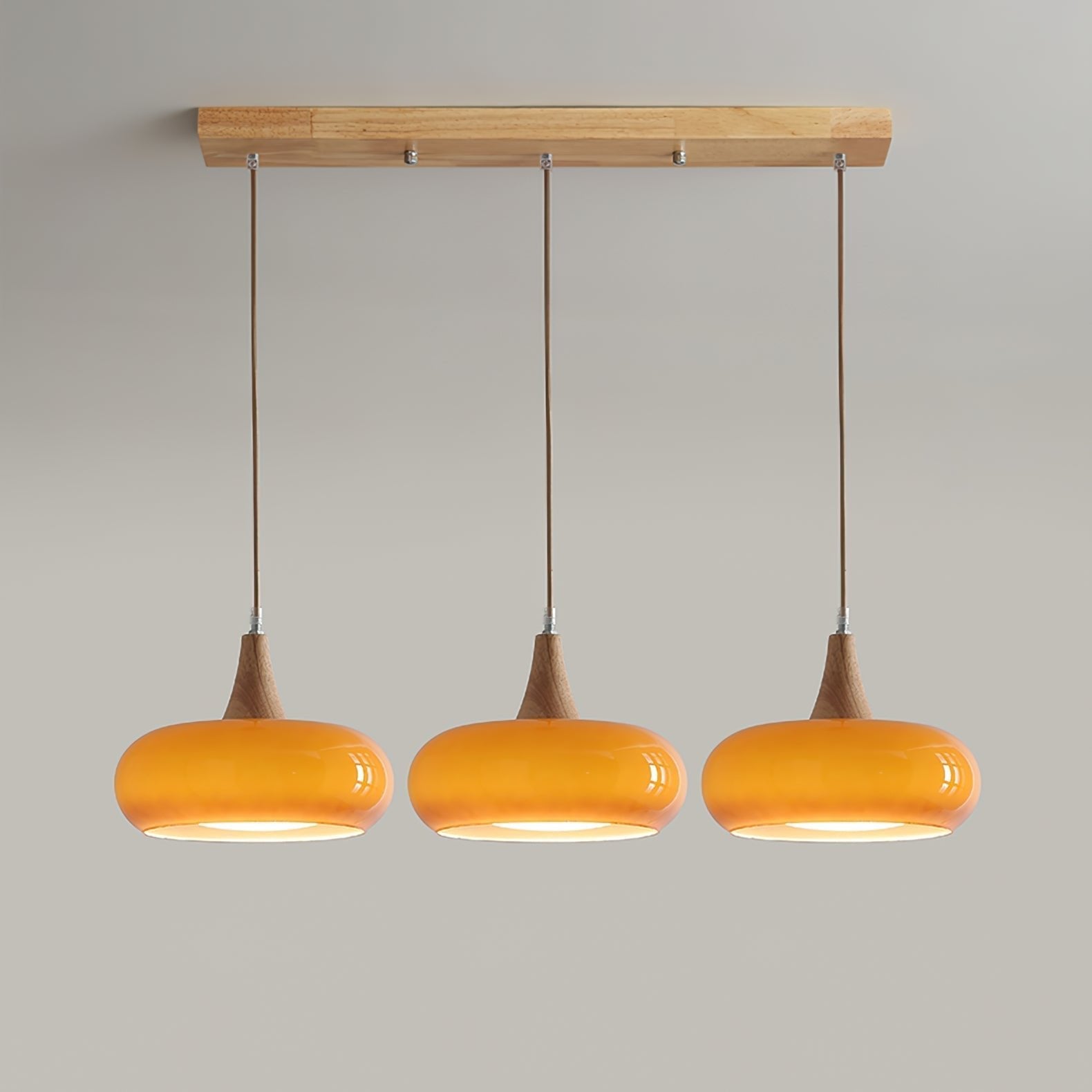Amber Glass Pendant Light Oblate Disc Wood Top Alternate
