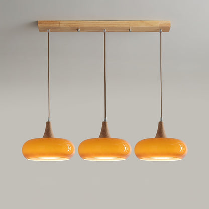 Amber Glass Pendant Light Oblate Disc Wood Top Alternate